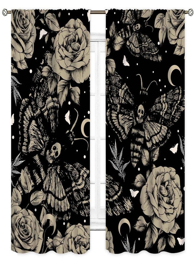 TKUYO Goth Curtains for Bedroom, Spooky Moody Dead Moth Black Floral Witchy Gothic Mysterious Butterfly Skull Trippy Aesthetics Art Print Gray Window Drapery for Bedroom Living Room 2 Panels, 42"x45" Inch - Image 2